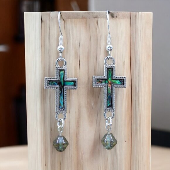 Abalone Cross Drop Earrings Silver Green | Handmade - Picture 3 of 6